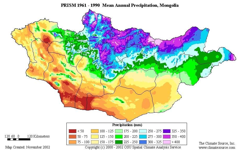 mapa Mongolsko hustota obyvateľstva