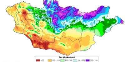 Mapa Mongolsko hustota obyvateľstva